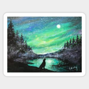 Aurora Borealis, Northern Moon and Arctic Wolf Sticker